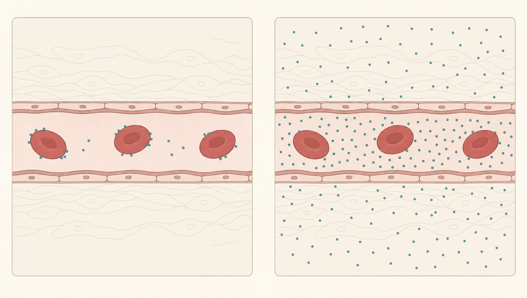 Two panels of the same blood vessel. On the left, oxygen sits clustered on the red blood cells. On the right, far more oxygen fills the plasma and spreads out into the surrounding tissue.